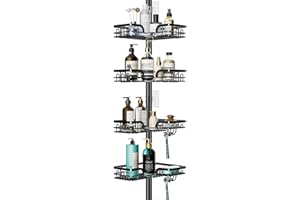 HapiRm Telescopic Shower Caddy Corner - Height Adjustable Bathroom Shelf from 26.4 to 108.3 inch, Rustproof Shower Caddy with 4 Tier & 22 Hooks, No Drilling Shower Shelf, Bathroom Shelves