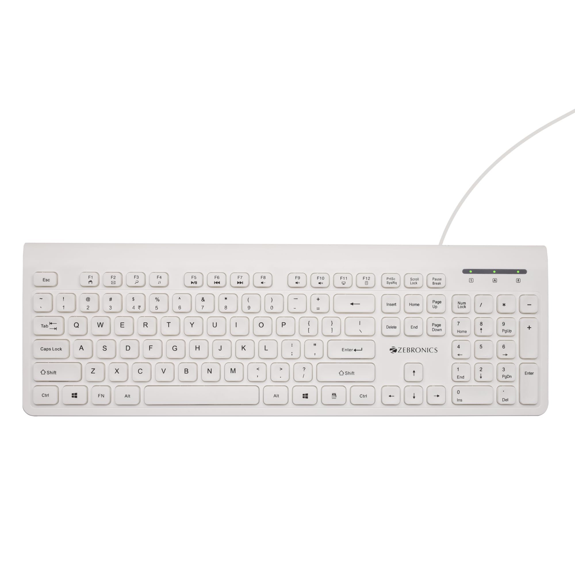 ZEBRONICS K51 Wired Keyboard with 105 Keys, 1.3m Cable, ₹ Key, USB Interface, 12 Integrated Multimedia Keys, Slim Design, Plug and Play (White)