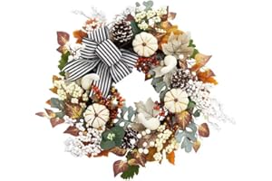 JIAJIAYI 45cm Autumn Wreath,18 inch Artificial Fall Wreath with Pumpkins Flower Garland Berries Pine Cones Maple Leaves for Thanksgiving Halloween Front Door Wall Hanging Decoration
