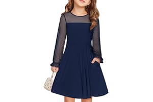 Haloumoning Kleider Mädchen Festliches Prinzessin Kleid Kinder Kontrast Mesh Langarm Puff Sommerkleider Elegant A-Linie Rundhals Partykleid mit Taschen für 6-14 Jahre
