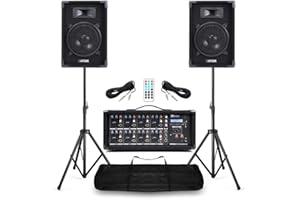 POWER DYNAMICS Small band PA system with 8-inch passive speakers, 8-channel powered mixer, tripod stands, and cables – portable complete sound solution for band practice, live events, schools, church and DJs