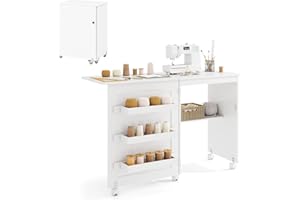 RELAX4LIFE Mesa de Costura Plegable con 3 Compartimentos, Estante, Estación de Carga Integrada, Mesa para Máquina de Coser con Ruedas, 116x40,5x78cm (Blanco)