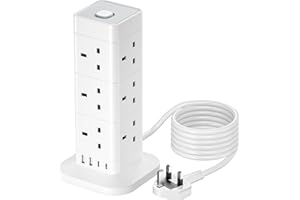3M Tower Extension Lead with USB C, Hotimy 12 Way Multi Plug Extension Tower with 4 USB (2 Type C & 2 USB A Ports) Surge Protected Extension Cord 13A 3250W Tower Power Strip Long Cable for Home Office