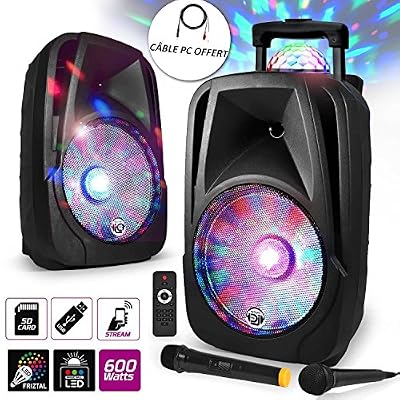 MyDj Enceinte mobile Sono DJ PA Karaoké 600W 12" LED USB/BT/SD/ PC + 2 Micros + Effet MagicBall Friztal rotatif