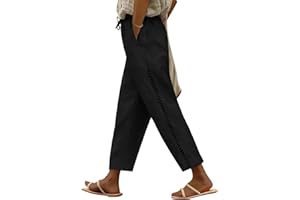 Voqeen Mujer Pantalones de Lino Verano Frescos Cintura Alta Elástico Largo Pantalón Anchos Causal Pantalon Rectos Suelto con Bolsillos Cordón
