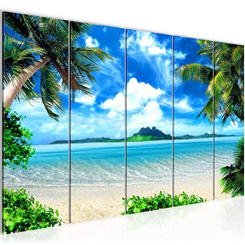 Bilder Strand Palmen Wandbild 200 x 80 cm Vlies - Leinwand Bild XXL Format Wandbilder Wohnzimmer Wohnung Deko Kunstdrucke Blau 5 Teilig -100% MADE IN GERMANY - Fertig zum Aufhängen 603355a