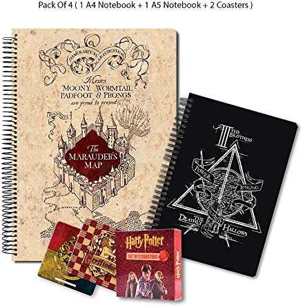 MC SID RAZZ Official Harry Potter Gift Set Birthday Gift // Anniversary gift Combo Pack of 4 (2 Spiral Notebook A4 and A5 + 2 Coaster) Licensed By Warner Bros, USA
