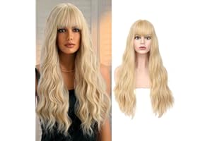 SOKU Blonde Perruque Ondulée Avec Frange 26 Pouces Longue Vague Or Synthétique Fabriqué A La Machine Perruque Aspect Naturel Cheveux Résistant A La Chaleur Pour Les Cadeaux De Noël Quotidiens…