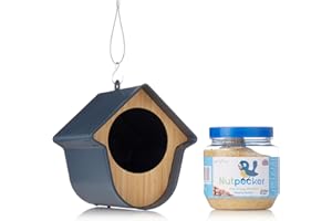 Grumpy Gardener Feeding House for Wild Birds with Nutpecker Peanut Butter Bird Food - Hanging Bird Feeder Station for Wild Bird Nutrition (Grey)