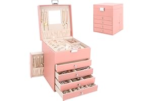 CASIWAFT Jewellery Box Organiser with 6 Drawers and Mirror, Large PU Jewelry Organiser Display Case with Side Drawers, 5 Layers Jewellery Box for Rings Earrings Bracelets Necklaces, Pink