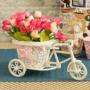 Anishop Plastic Cycle Vase with Peonies Bunches (Small, Multicolour)