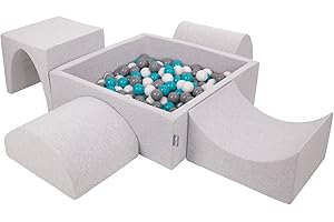 KiddyMoon Spielplatz Aus Schaumstoff Mit Quadrat Bällebad (300 Bälle) Ballgruben Für Babys Spielbad Hindernisläufen, Hergestellt In EU, Hellgrau:Grau/Weiß/Türkis