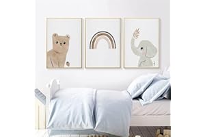 Sarah Duke Kinderposter Kinderzimmer, 3er Set Cartoon Tier Regenbogen Wandbilder, Ohne Rahmen Kinderzimmer Bilder, Boho Deko Kunstposter für Junge Mädchen (30 x 40 cm)