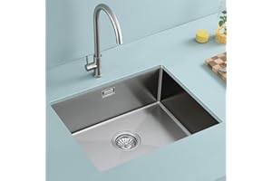 ROVOGO 450 x 550 mm Undermount Kitchen Sink, Stainless Steel 304 Sink Kitchen with Basket Strainer Waste and Overflow Kit, 1 Bowl Rectangular, Brushed, Handmade