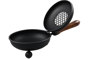‎MAMEMI RÄUCHERPFANNE AUS Eisen – Schwarz, Ø 12 cm – Mit HOLZGRIFF, Länge insgesamt 26 cm, & aufklappbarem Deckel – WEIHRAUCHPFANNE für Räucherkohle – Handgefertigt – MaMeMi Markenqualität