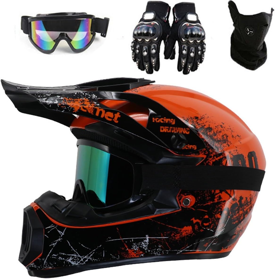 Jeunes Casque de Motocross Casque de VTT Intégral | Unisexe Hors Route Courses Descente Enduro BMX MTB Dirt Bike Casque avec Lunettes Gants Masque