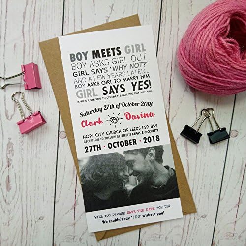 Personalised Boy Meets Girl Picture Day and Evening Wedding Invitation Lovers Black and White Photo with your Own Love Story (Pack of 10)