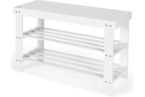 Multigot 3-Tier Shoe Bench, Bamboo Shoe Storage Organizer Seat, Shoe Rack Stand for Entryway Hallway Bedroom Living Room, Holds up to 6 Pairs (White)