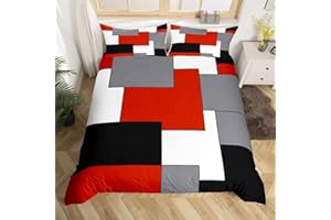 Homewish Funda nórdica para adolescentes con diseño geométrico cuadrado en rojo, gris, blanco y negro, funda de edredón juvenil con líneas de rayas, colcha de cama suave para niños y niñas, diseño