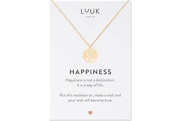 LUUK LIFESTYLE Collier avec différent pendentif en acier inoxydable et carte cadeau HAPPINESS 50 cm, porte bonheur, élégante bijoux résistant, femme, fille, maman, Argent, Or, Or rose