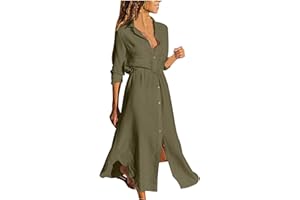KOG Langarmkleider Damen Elegant Einfarbige V-Ausschnitt Freizeitkleider Große Größe Langarm Kleid mit Taschen Cocktailkleid Herbst Baumwolle Leinen Partykleid Strandkleid