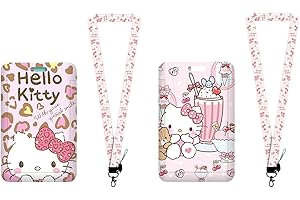 2 Porta Tarjetas Hello Kitty con Colgante, Wopin- Porta Tarjetas Identificativas Hello Kitty y Cordon/Colgante/Lanyard Hello Kitty, para Tarjeta y llaves (Rosado)