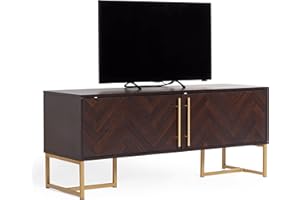 Spinningfield TV Unit Parquet Design - TV Cabinet w/Dark Wood Walnut Veneer - For TV's up to 55" - Luxury Large 2 Door TV Entertainment Unit w/Gold Legs & Handles - 50kg Capacity - For Living Room