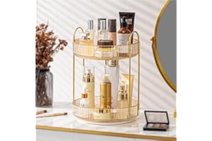 ROWNYEON Makeup Organiser 360 Rotating,Spinning Skincare Cosmetic Organiser 2 Tier Large Beauty Spinny Make Up Storage Organiser Shelf for Perfume, Vanity,Dresser, Bathroom,Toiletry(Gold)