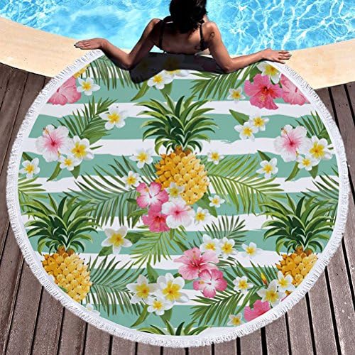 Desun Thick Terry Round Beach Towel Blanket Yoga Mat with Tassels Ultra Soft Super Water Absorbent Multi-Purpose Towel 59 inch (Flamingos 4)