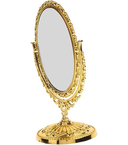 Miroir De Maquillage Vintage Doré – Format Ovale, Résine Sculptée, Pour Coiffeuse