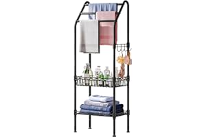 Solerconm Porte Serviette Salle de Bain sur Pied, Rangement Serviette Organisateur en Métal à 3 Niveaux, Étagère de Séchage avec Panier et Plate-Forme de Rangement