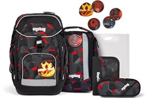 ergobag maxi set 6-teilig, ergonomischer Schulrucksack Grundschule für Mädchen und Jungen, ideal für große Kinder ab der 1. Klasse TaekBärdo - Grau