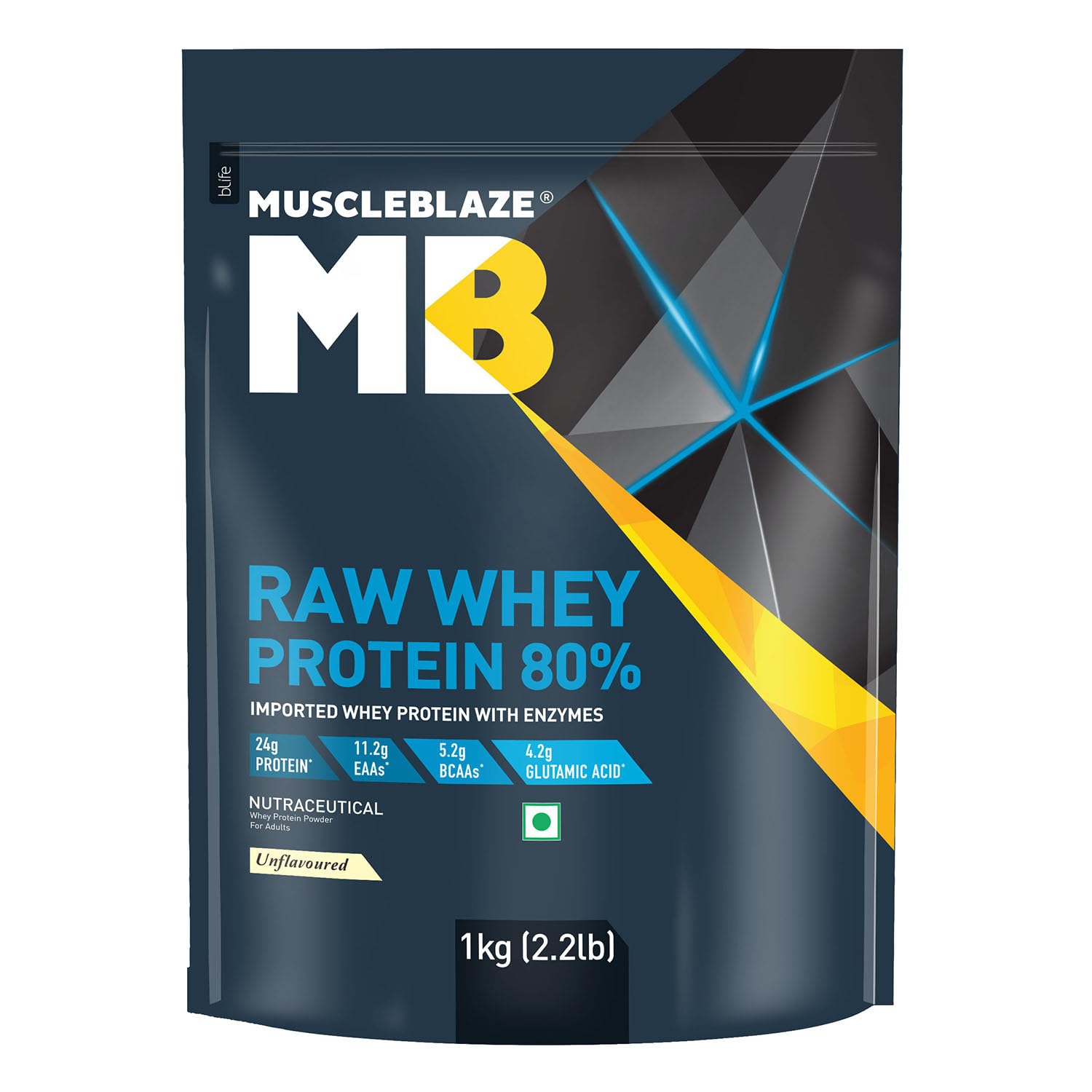 MuscleBlaze Raw Whey Protein Concentrate 80% (Unflavoured, 1kg) | Light & Clean Protein | Easy to Digest