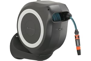 Gardena skrzynka na wąż naścienna RollUp M 20 m: El. nawadnianie do śr. wielkości ogrodów, uchylny bęben na wąż, z uchwytem ściennym, elem. systemu i opryskiwaczem, z wężem 20 m Gardena (18612-20)