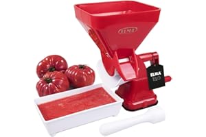 ELMA Tomatera Manual de Plástico para Uso Doméstico | Trituradora de Tomate con Filtro Inox y Ventosa Antideslizante | Color Rojo, Incluye Recipiente y Mazo Empujador