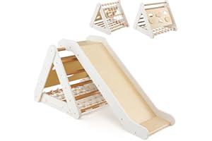 GOPLUS Triangle d’Escalade Montessori Enfants avec Filet à Grimper, Planche et Échelle,Pierres avec Toboggan, Charge 50KG,Aire de Jeux Intérieur pour Bébé 1 an+(Naturel, Blanc)