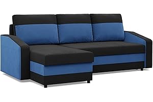 ‎MEBLIGO Mebligo - Ecksofa mit Schlaffunktion und Bettkasten Orion, Eckcouch Universelle Seite, Sofa L Form (BxTxH) 231 x 140 x 85 cm, Couch Wohnzimmer, Ecke Sofa, Schwarz + Dunkelblau (Mikro 15 + Mikro 36)