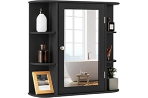 Multigot Bathroom Mirror Cabinet, Wall-Mounted Storage Cupboard with Adjustable Shelves, Single Door Organizer Unit for Living Room and Bedroom (Black, 65 x 17 x 64 cm)