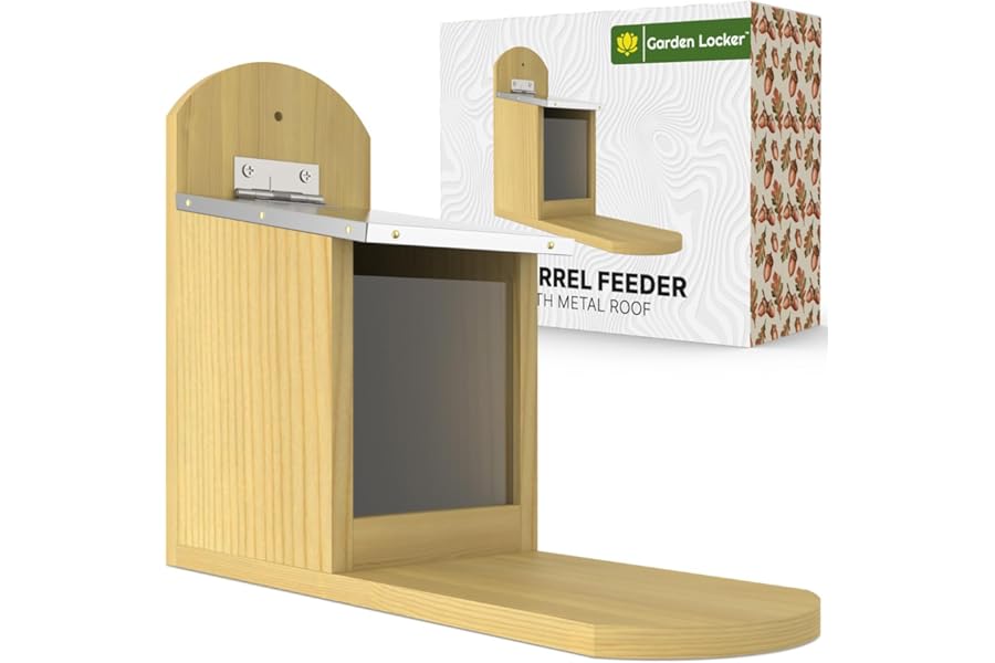 Squirrel Feeder with Metal Roof - Natural Wood with Extra Long Feeding Platform - Great Outdoor Wildlife Feeding Station Encouraging Squirrels to your Garden - Great for Him