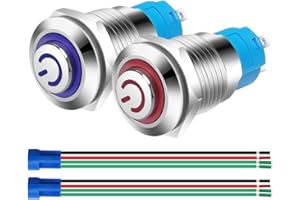 Gebildet 2pcs 12mm 230VAC 3A Interruptor de botón de Bloqueo Acero Inoxidable Impermeable Plana Top, Normalmente Abierto SPST ON/Off Pulsador con Enchufe de Cable(Azul+Rojo,Cabeza Alta)