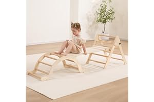 Giant bean Ensemble Triangle de Pikler Pliable avec Rampe Coulissante et Arche d'escalade, Jouets d'escalade en Montessori Bois 3-en-1 pour Tout-Petits à Intérieur, 1 Ans+