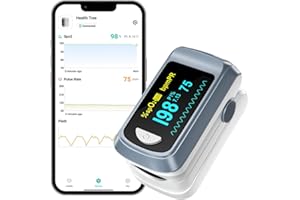 HealthTree Pulsossimetro Bluetooth da dito, monitor della saturazione di ossigeno nel sangue e monitor della frequenza cardiaca per Apple e Android, con schermo OLED incluso, 2 batterie AAA e cordino