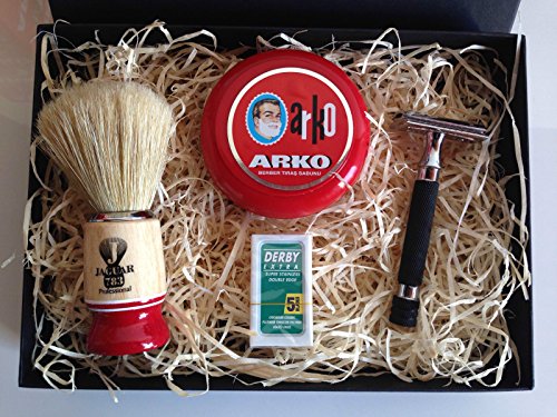Mens Shaving Set Double Edge Razor Arko Classic Soap Bowl Boar Shaving Brush Gift Set Present (BOXED WITH ORGANIC HAY)