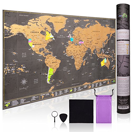 Scratch Off World Map Large - Ultra detailed with all U.S States - Accessories Kit and Gift Tube - 70 x 42cm - Deluxe Cartographic design by Atlas&Green