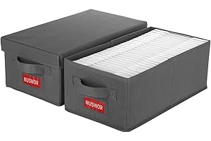NUSWOR DVD Storage Box - Perfect DVD Case Storage Solution, Stackable DVD Organizer with Lid, 2Pack DVD Holder 15.75 x 8.1 x 6.1 inches - Holds 50 DVDs - Grey, USNWDVD2S2