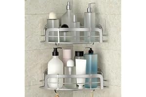 STEUGO Shower Caddy Corner, Bathroom Corner Shower Shelfs, Adhesive Wall Mounted Shower Caddy with 4 Movable Hooks, SUS304 Stainless Steel Bath Storage Shower Organizers, 2 Pack