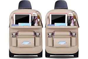Ergocar Auto Organizer Rückenlehnenschutz Luxus Autositzschutz aus PU-Leder mit faltbarem Tablethalter wasserdicht Rückenlehnenschutz Rückenlehnen-Tasche für Kinder (Beige - 2 Pack)
