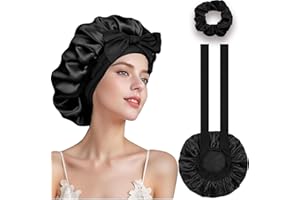 LynixTrade Satin Bonnet for Sleeping, Black Large Silk Hair Wrap for Curly Hair and Long Braids Stretchy Scrunchies Headband Set, Adjustable Soft Elastic Band Tie Up Night Cap for Women Girls Shower
