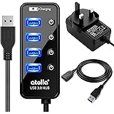 Atolla 4 ports USB 3.0 Hub SuperSpeed Data Transmission with On Off Switch + 1 Charging Port with 15W(5V/3A) Powered Supply A