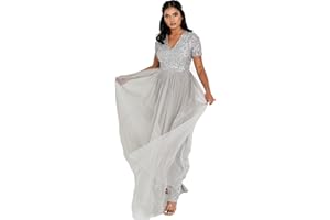 Maya Deluxe Vestido Maxi Adornado con Escote En V En Flor Dama de Honor para Mujer